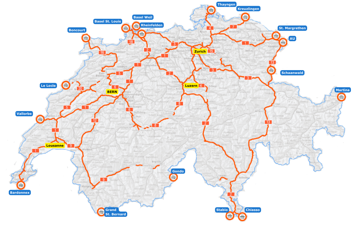 Mapa płatnych dróg w Szwajcarii
